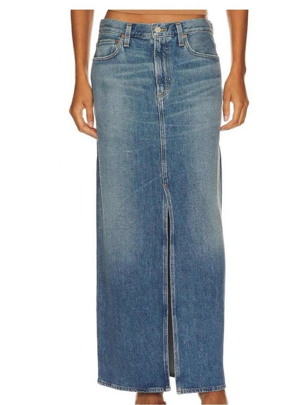 High-Waist Denim Maxi Skirt with Front Slit - Blue